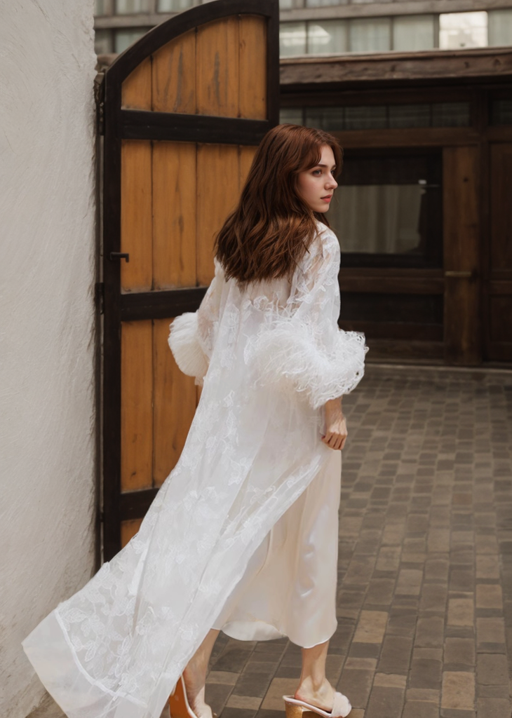 Ostrich Feather Sequin 3D Floral Lace Long Robe with Sequin Nightgown Set SelenaHuanStudio