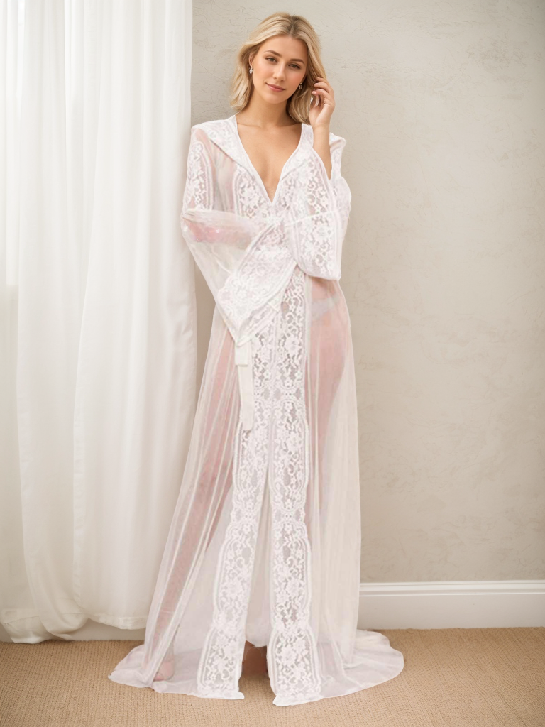 Romantic Sheer Lace Bridal Robe with cap and Bell Sleeves SelenaHuanStudio