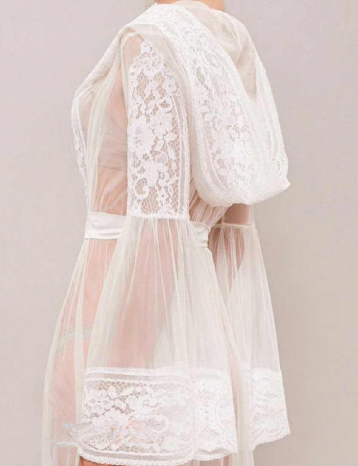 Romantic Sheer Lace Bridal Robe with cap and Bell Sleeves SelenaHuanStudio