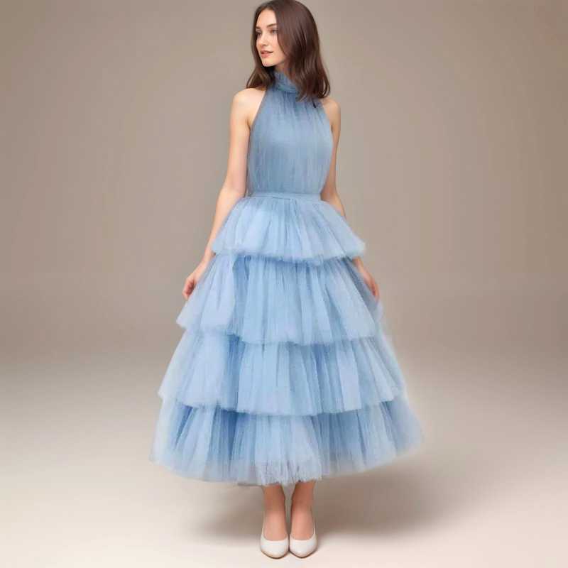Ruffle Layered tulle Hem Haltered A-line tutu French style long prom dress SelenaHuanStudio