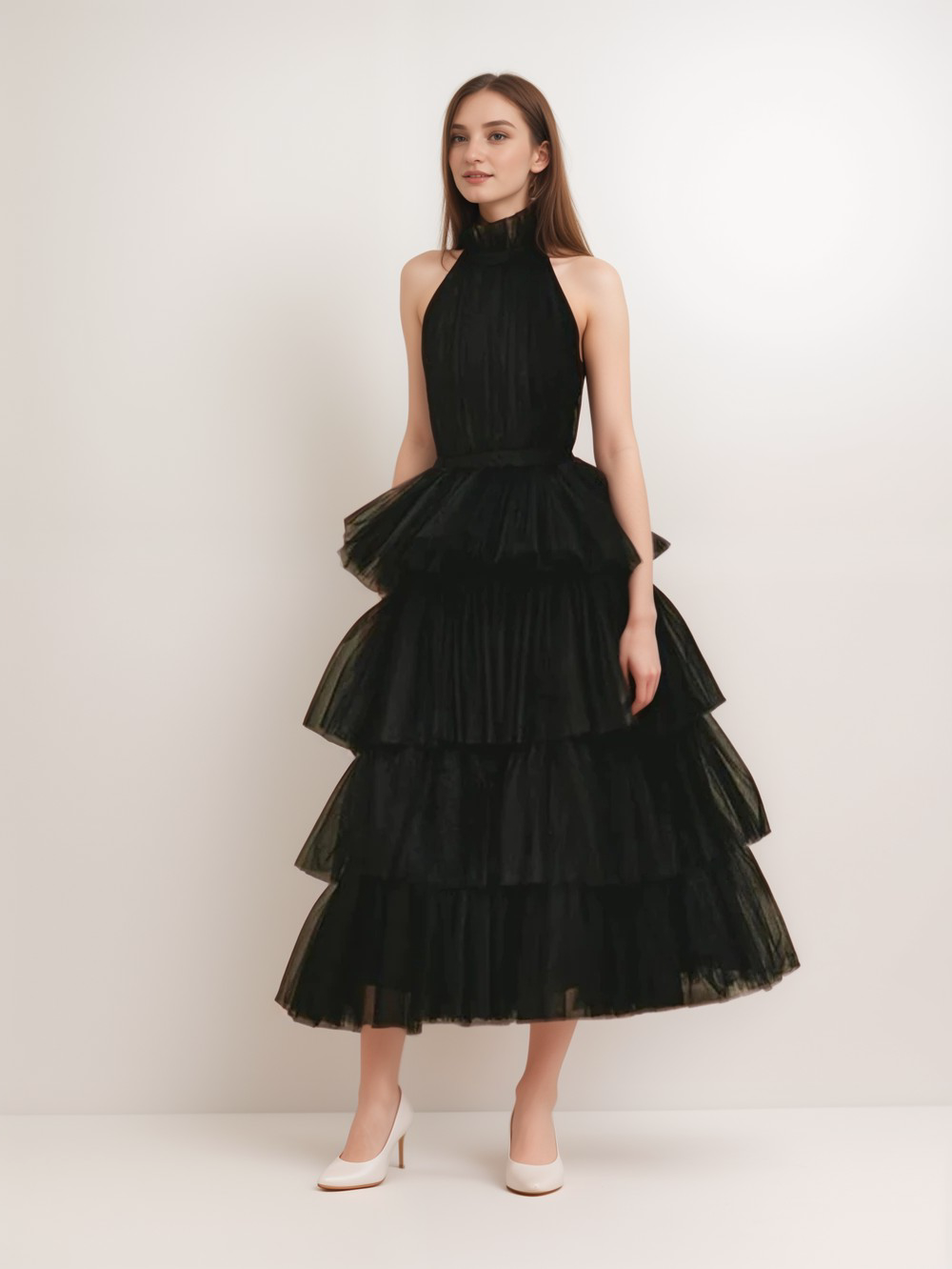 Ruffle Layered tulle Hem Haltered A-line tutu French style long prom dress SelenaHuanStudio