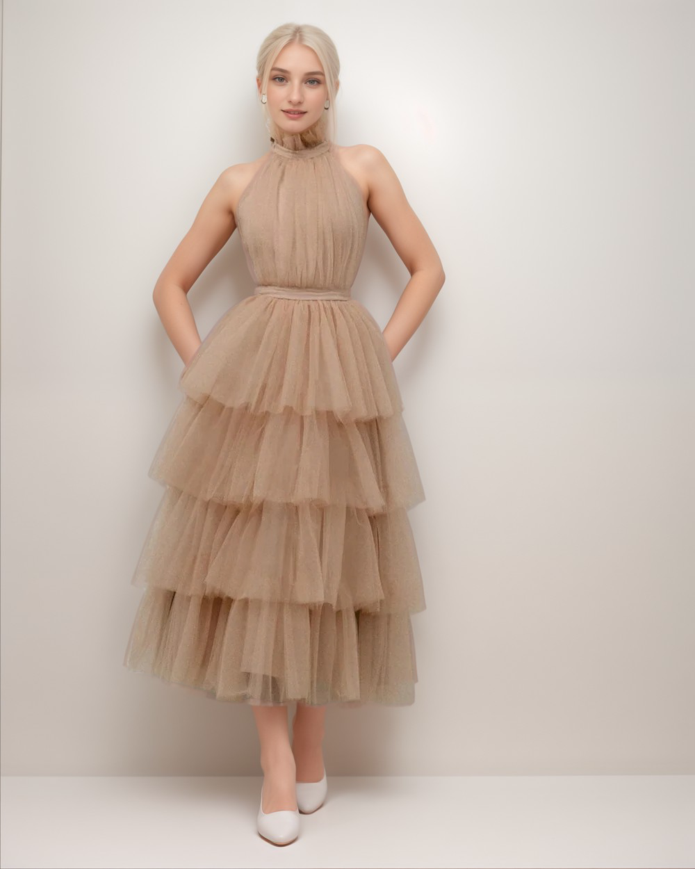 Ruffle Layered tulle Hem Haltered A-line tutu French style long prom dress SelenaHuanStudio