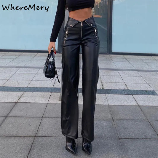 WhereMery Y2K Fashion Leather Pant Women High Waist Sexy Zipper Straight Slim Trousere 2022 Streetwear Winter Ladies Black Pants LUXLIFE BRANDS