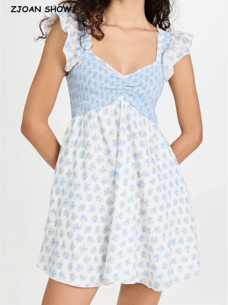 Sexy White Blue Flower Print Ruffle Strap Mini Dress V neck Ruched Elastic Chest Corset Sleeveless Short Tank Robe Holiday Woman Luxlife Brands