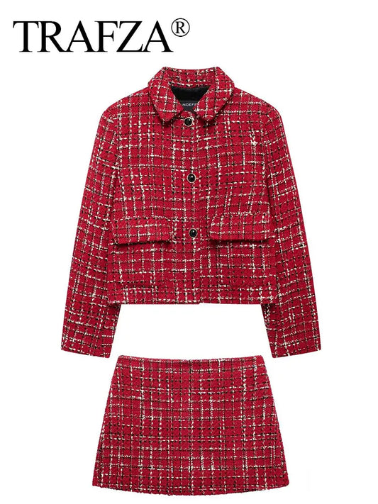 HH Women Fashion Red Texture Skirt Sets Single Breasted Lapel Jacket Coat Side Zipper Shorts Skirts High Street Lady Outfit