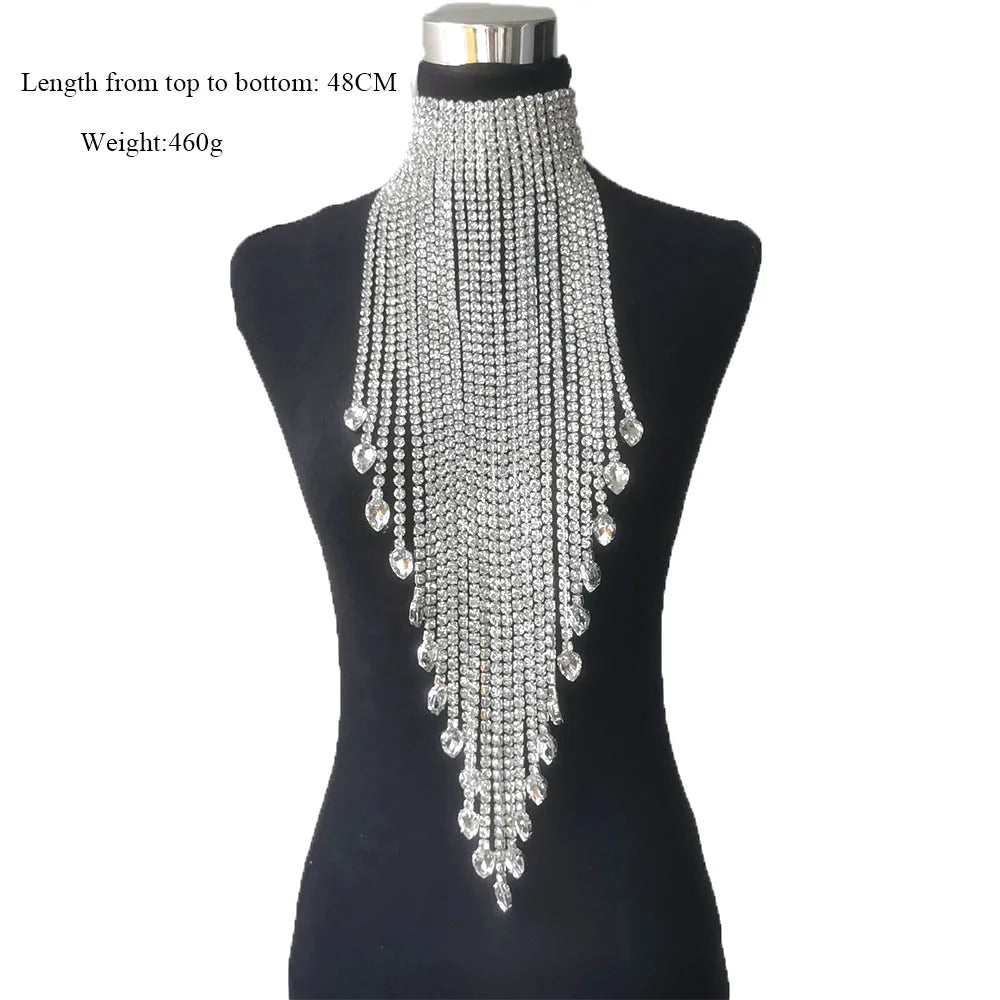Luxury Rhinestone Long Tassel Statement Choker – Waist-Length Crystal Drop Necklace for Weddings, Galas & High-Fashion Clubwear