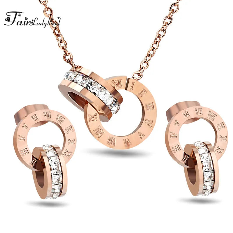 Fairladyhood Lucky Roman Digital Pendant Necklace Set Stainless Steel Clavicle Pendant Fashion Wild Stainless Steel Jewelry Set Luxlife Brands
