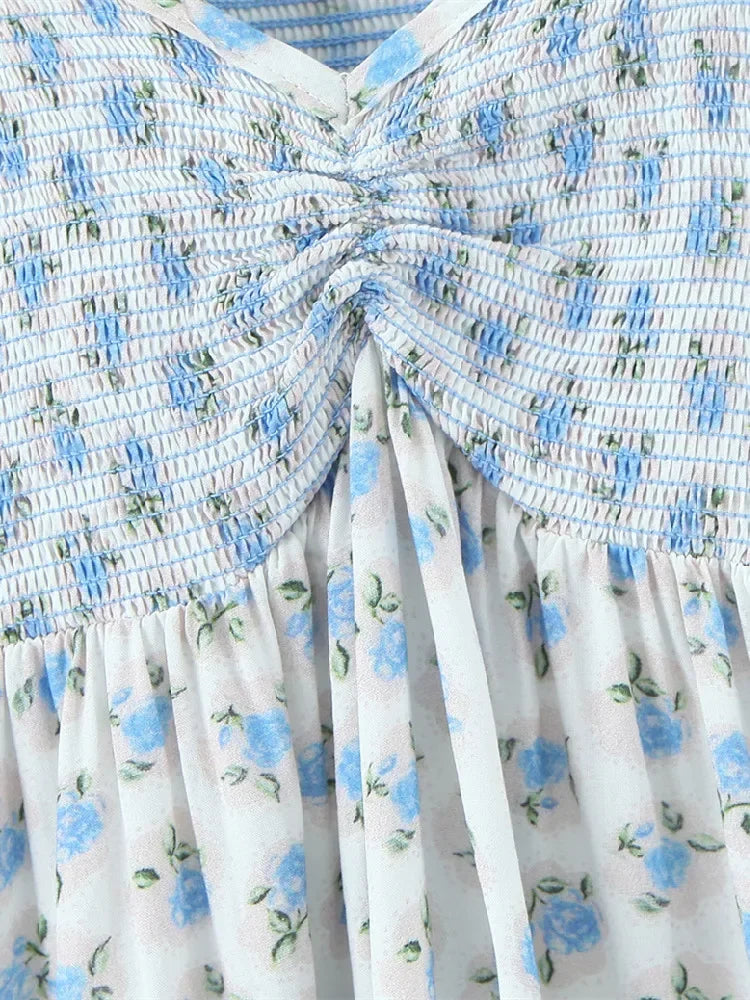 Sexy White Blue Flower Print Ruffle Strap Mini Dress V neck Ruched Elastic Chest Corset Sleeveless Short Tank Robe Holiday Woman Luxlife Brands