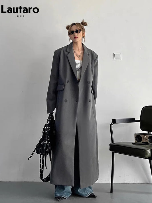 Lautaro Spring Autumn Long Grey Black Trench Coat for Women Double Breasted Loose Casual Korean Fashion Clothing Blazer 2023 LUXLIFE BRANDS