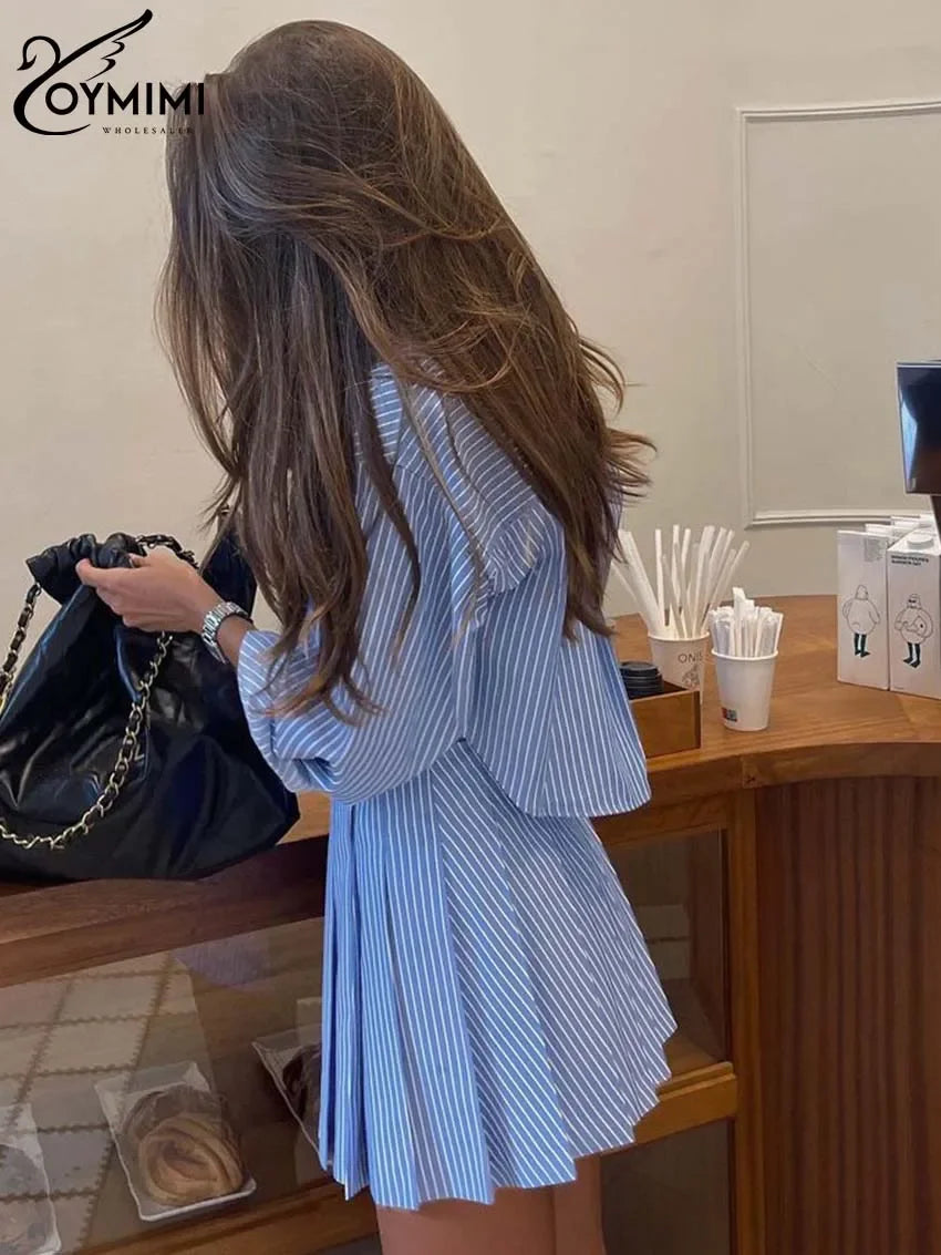 Oymimi Elegant Blue Striped Print Sets For Women 2 Pieces Fashion Long Sleeve Button Crop Tops And High Waist Pleated Skirts Set Luxlife Brands
