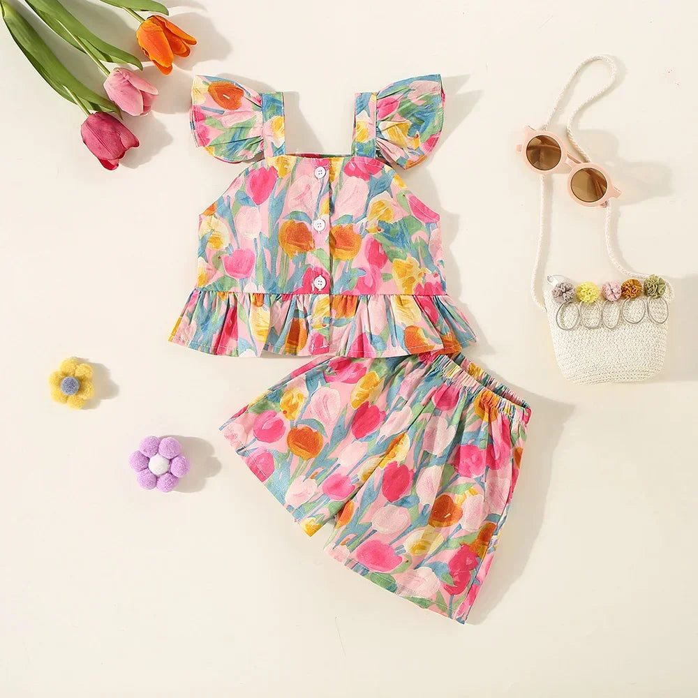 (0-3 Years Old) Summer Baby Girl Flower Small Flying Sleeve Top And Shorts Set Cute Beach Set For Girls Luxlife Brands