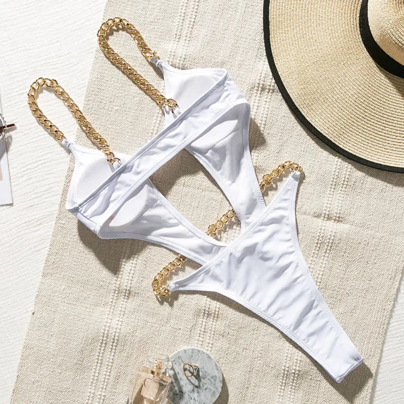 Sexy Metal Chains String High Cut One Piece Swimsuit Women Swimwear Female Monokini Tummy Cut Out Bathing Suit Swim Beach Wear Luxlife Brands