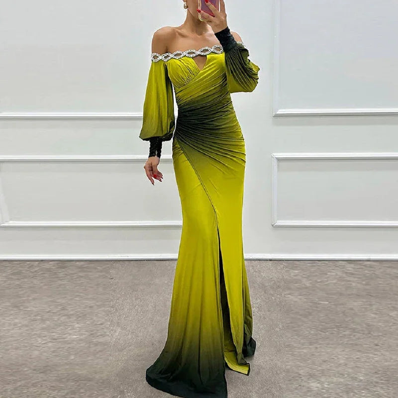Fashion Patchwork High Waist Dress Casual Contrasting Color Pleated Slim Long Dress New Off Shoulder Lantern Sleeve Party Dress Luxlife Brands