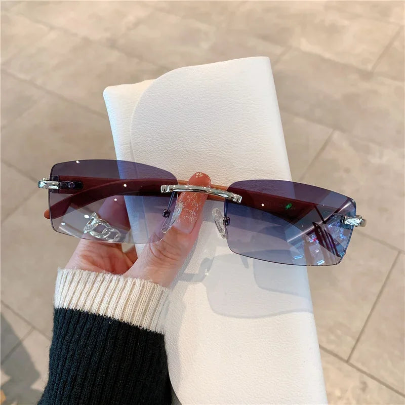 KAMMPT Rimless Sunglasses For Men Women Wooden Pattern Luxury Brand Retro Sun Glasses Fashion Shades UV400 Travel Outdoor Luxlife Brands