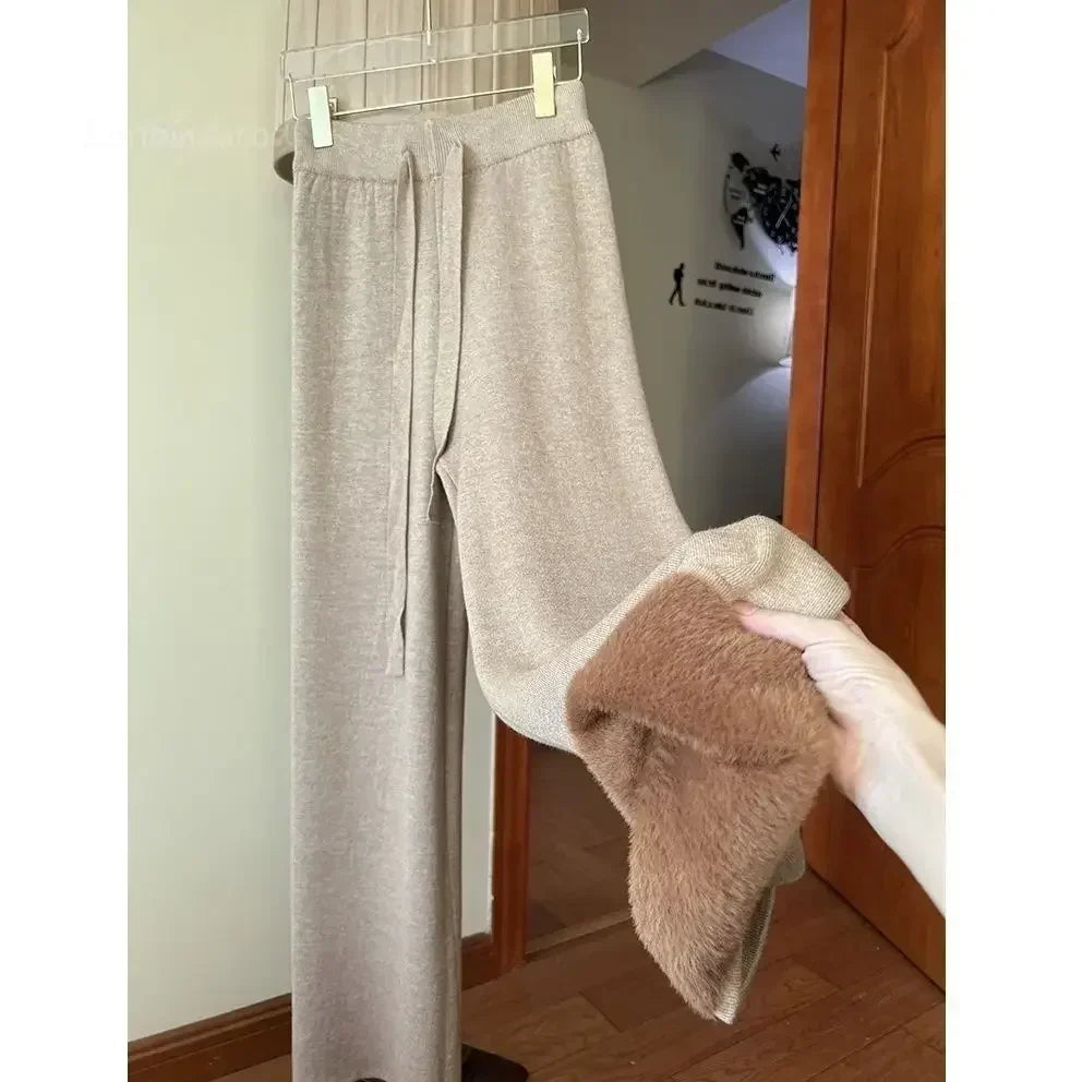 2023 Slim Simple Knit Wide-leg Pants Women's Autumn and Winter High-waisted Moped Pants Thick Casual Pants Straight Luxlife Brands