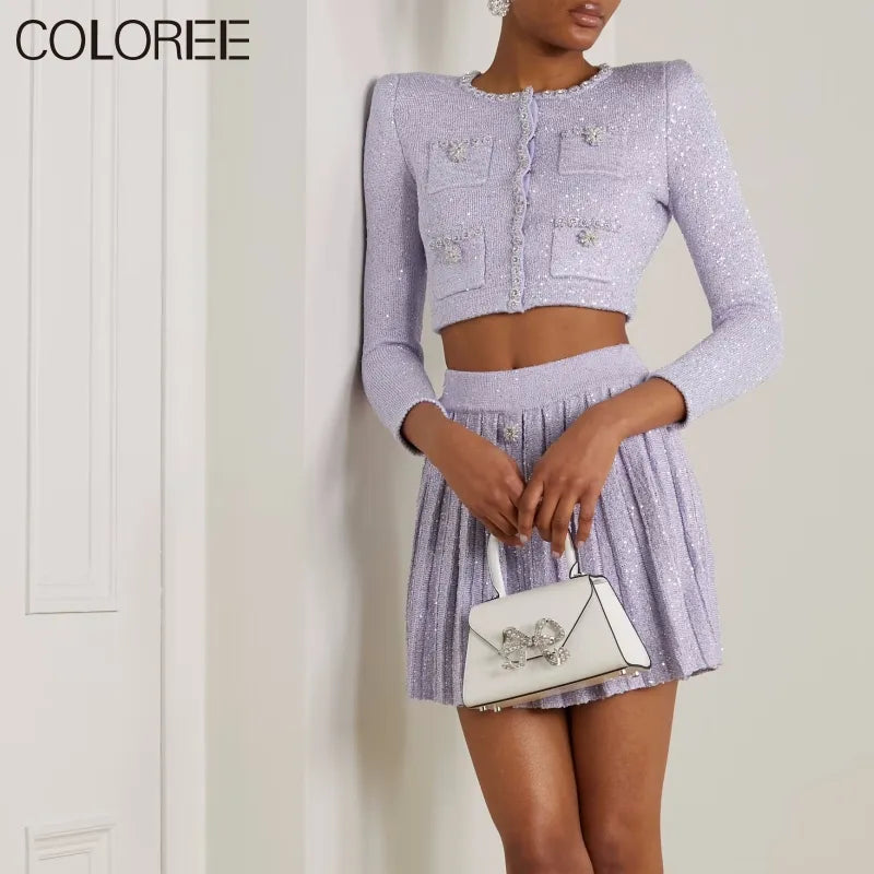 Crop Top Mini Skirt Two Piece Sets Women Clothing Elegant Luxury