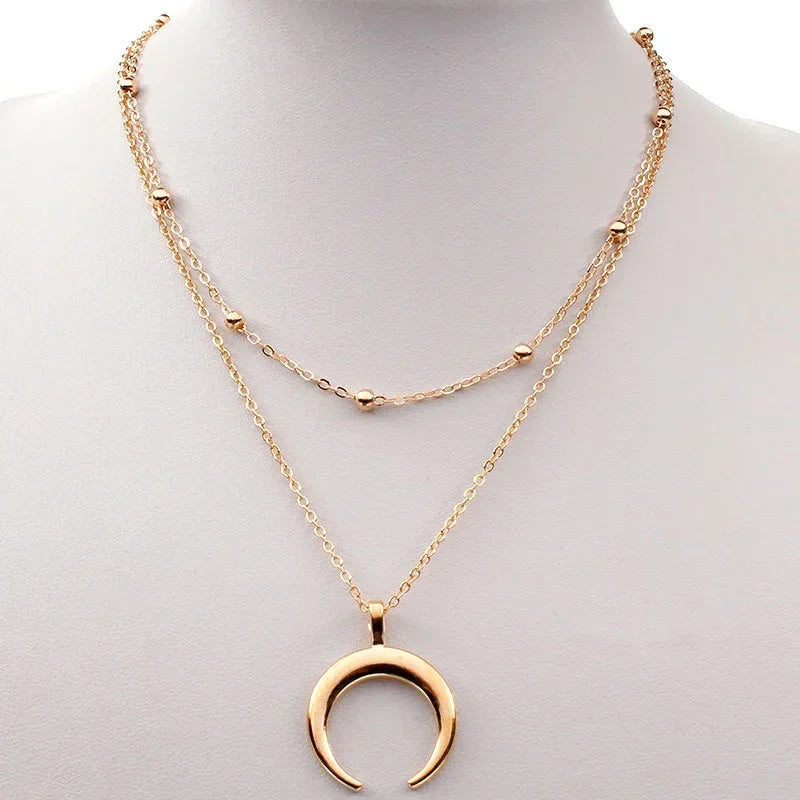 Fashion Gold Color Double Layer Moon Pendant Necklaces for Women Luxury Design Shiny Choker Necklace Jewelry Gift Luxlife Brands