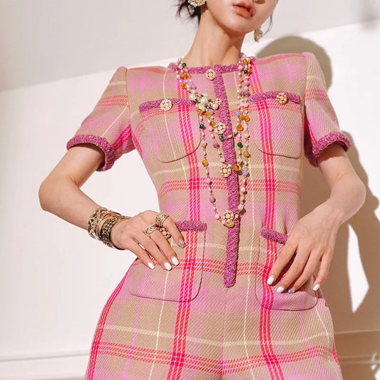 Pink Plaid Jumpsuit For Women'S High-End Gold Wire Plaid Woven Fabric With Heavy Craftsmanship And Unique Jumpsuit Shorts LUXLIFE BRANDS