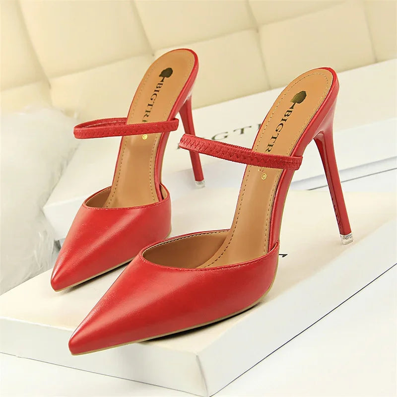 Summer Retro Simple Women Shallow Mouth Thin High Heels Mules Slingbacks Slippers Pointed Toe Hollow Wedding Slip On Pumps Shoes Luxlife Brands
