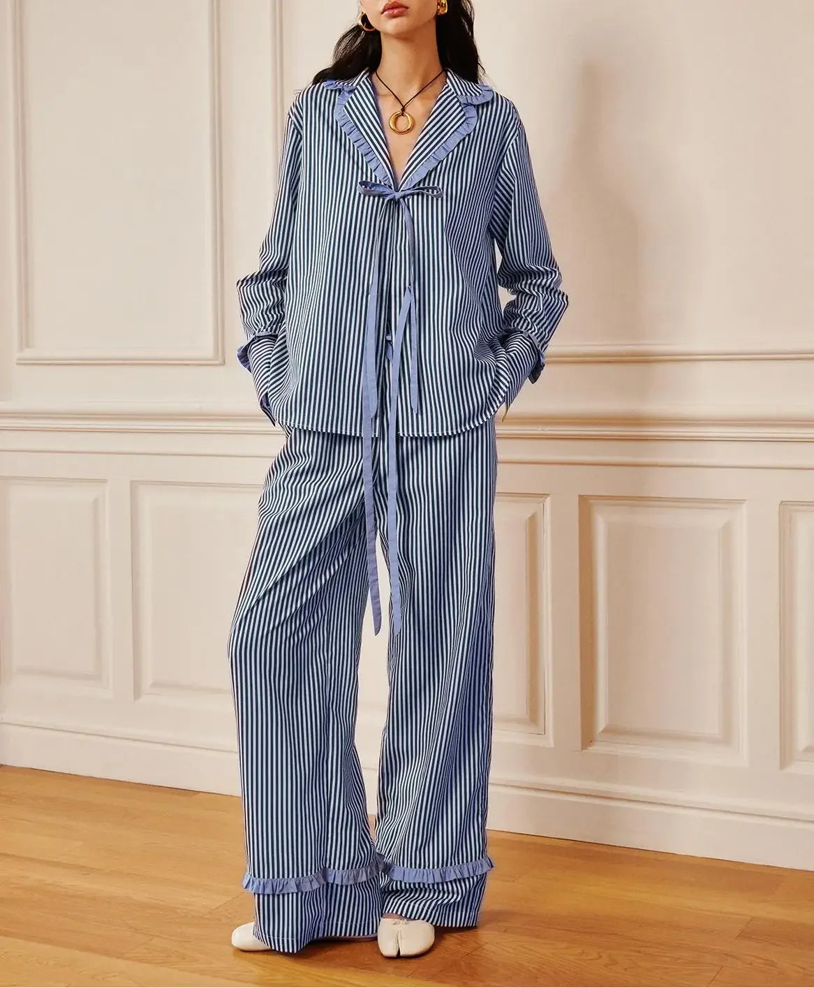 Hirigin Valentines Day Bow Tie Pajamas For Women Silk Satin Bow Striped Pjs Long Sleeve Shirt And Ruffle Lounge Pants Sets S M L Luxlife Brands