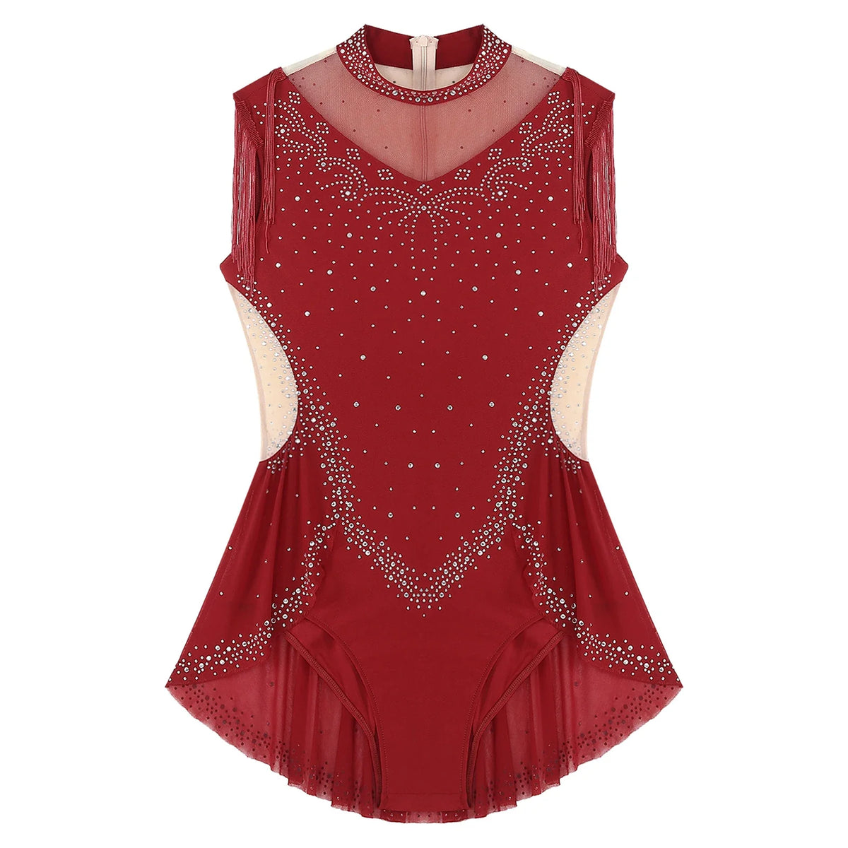 Rhinestone Mock Neck Mesh Tassel Leotard