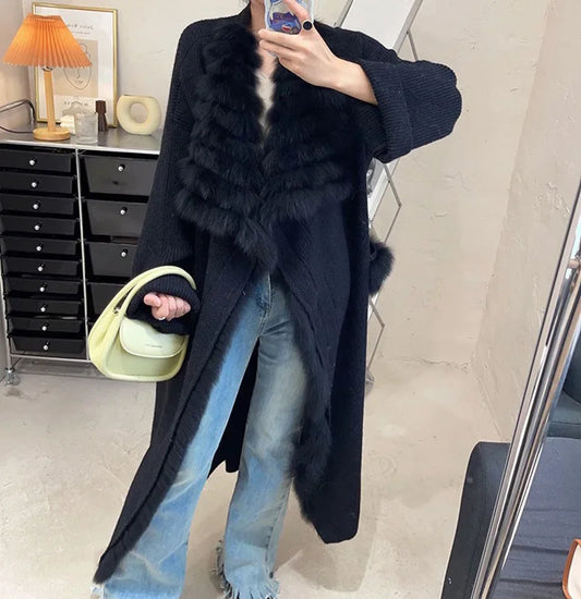Lady Fashion Sweater Autumn Winter Long Coat 2023 Women's Knitted Cardigan Fox Fur Trim Belt LUXLIFE BRANDS