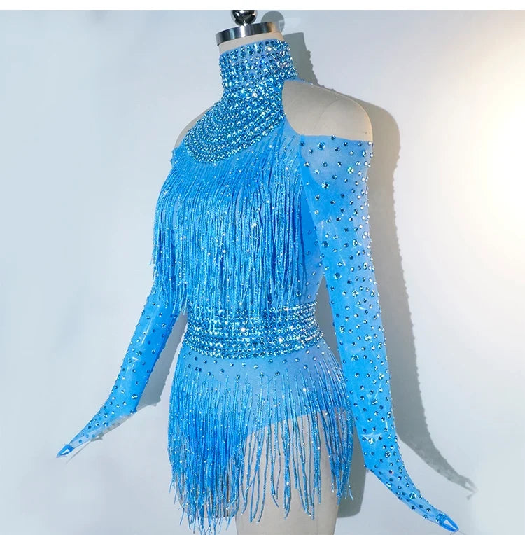 Rhinestone Tassel Mesh Performance Bodysuit