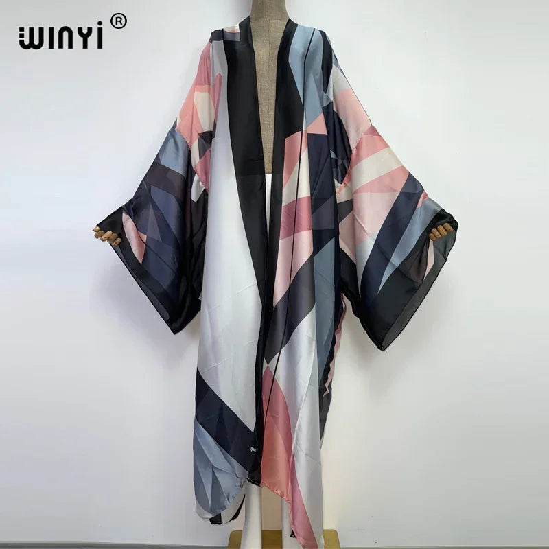 2022 WINYI Summer Beach Wear Swim Suit Cover up boho fashion printing elegant sexy Holiday party long Sleeve Cardigan dress Luxlife Brands