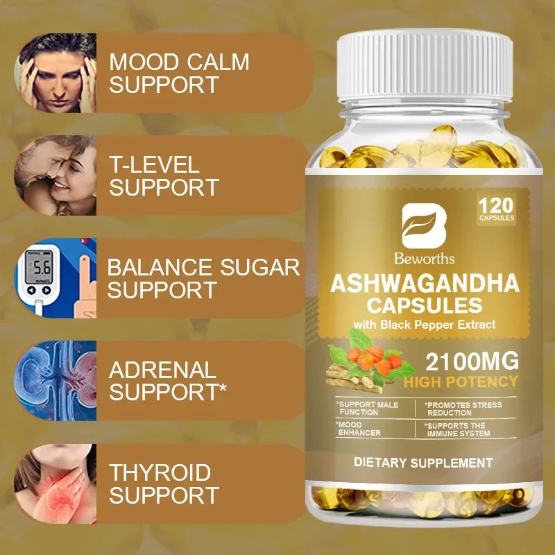 BEWORTHS Ashwagandha Root Extract Capsule Help Sleep Improve Sleep Quality Calm Down Emotions Relieve Anxiety Mood Health Luxlife Brands