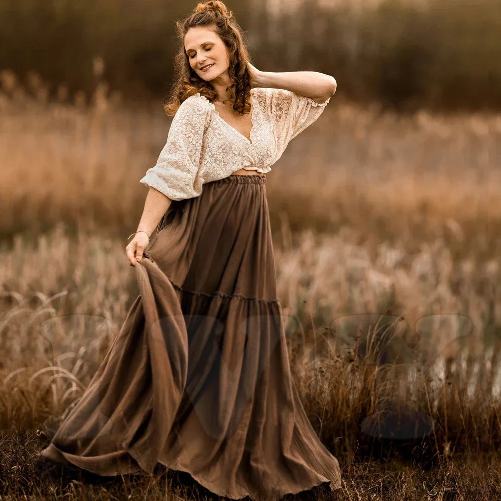 Boho Pregnant Dress Lace&Linen Cotton Combination Two Piece Set Contrast color retro design sense PhotoShoot Pregnancy Dress Luxlife Brands