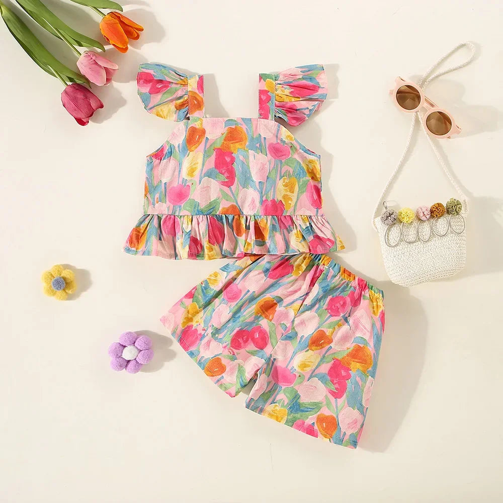 (0-3 Years Old) Summer Baby Girl Flower Small Flying Sleeve Top And Shorts Set Cute Beach Set For Girls Luxlife Brands
