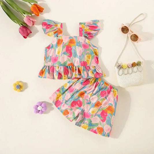 (0-3 Years Old) Summer Baby Girl Flower Small Flying Sleeve Top And Shorts Set Cute Beach Set For Girls Luxlife Brands