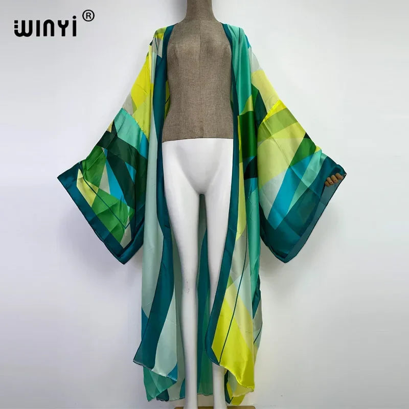 2022 WINYI Summer Beach Wear Swim Suit Cover up boho fashion printing elegant sexy Holiday party long Sleeve Cardigan dress Luxlife Brands