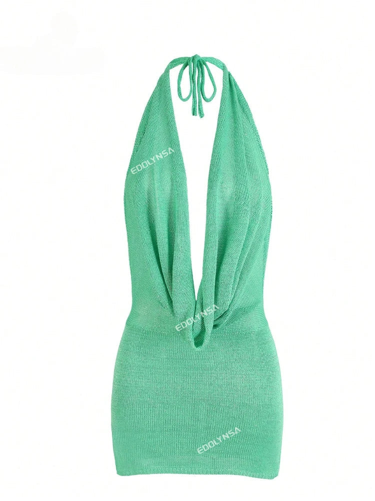 2026 Women New Year Bright Silk Dresses Sexy Stacked V Halter Neck Backless Knit Beach Mini Dress Summer Swimsuit Cover Up K145 Luxlife Brands