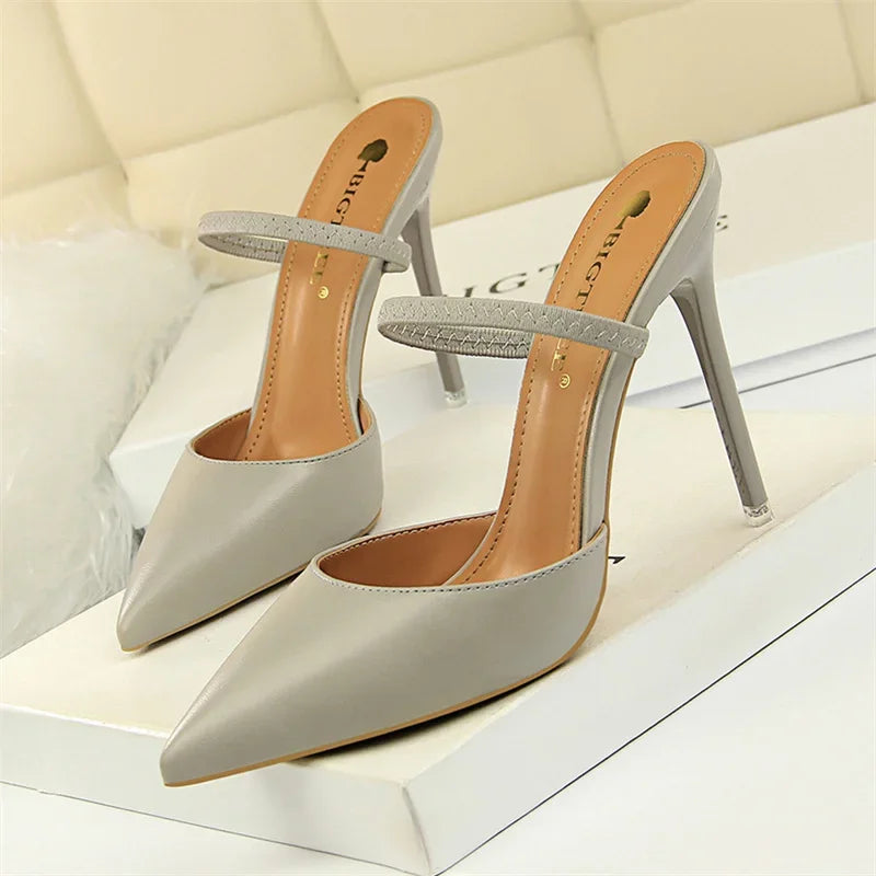 Summer Retro Simple Women Shallow Mouth Thin High Heels Mules Slingbacks Slippers Pointed Toe Hollow Wedding Slip On Pumps Shoes Luxlife Brands