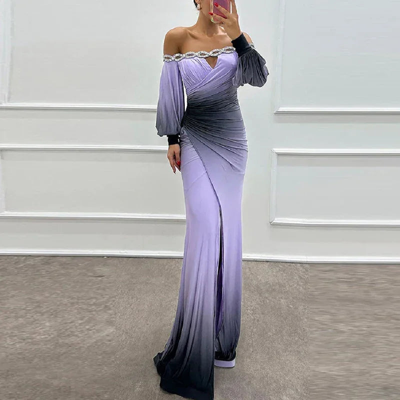 Fashion Patchwork High Waist Dress Casual Contrasting Color Pleated Slim Long Dress New Off Shoulder Lantern Sleeve Party Dress Luxlife Brands