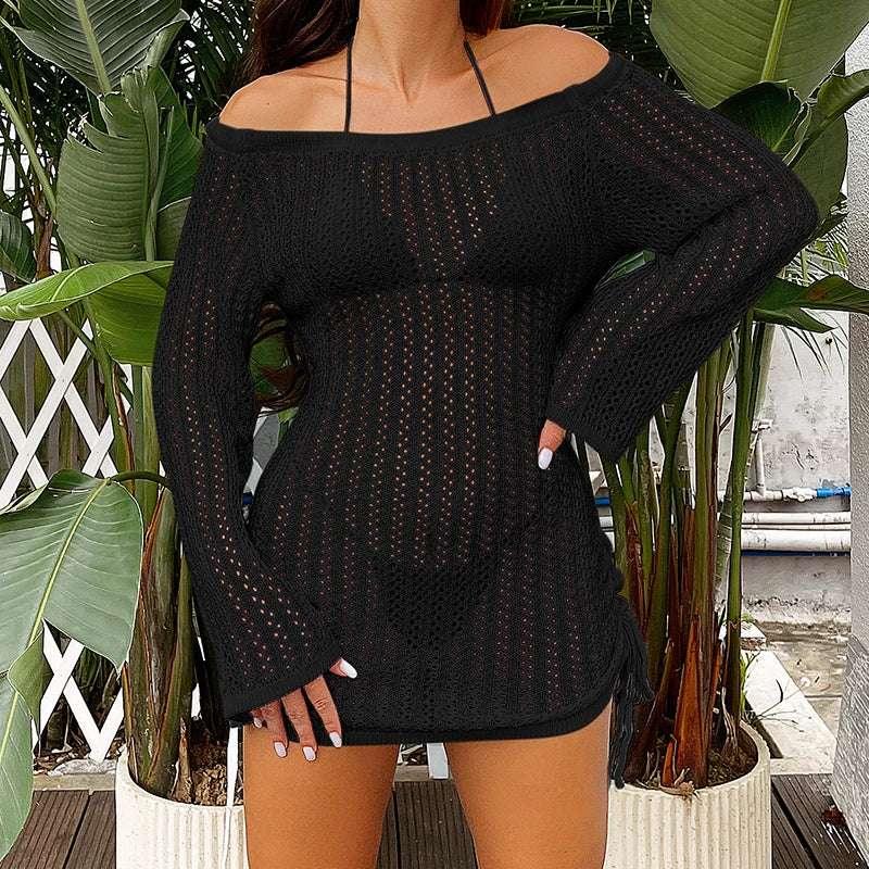Fashion Style Beachwear Cover Up Knitting Sexy Hollow Out Short Dress Women's Summer Vacation See-Through Sunscreen Smock Dress