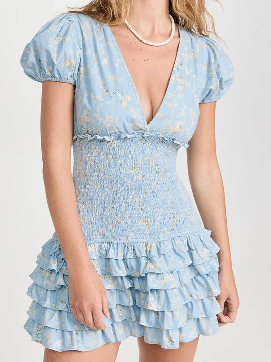 GypsyLady Floral Printed Chic Boho Mini Dresss Cotton V-neck Ruffles Blue Holiday Women Tiered Ladies Party Dresses Vestidos New