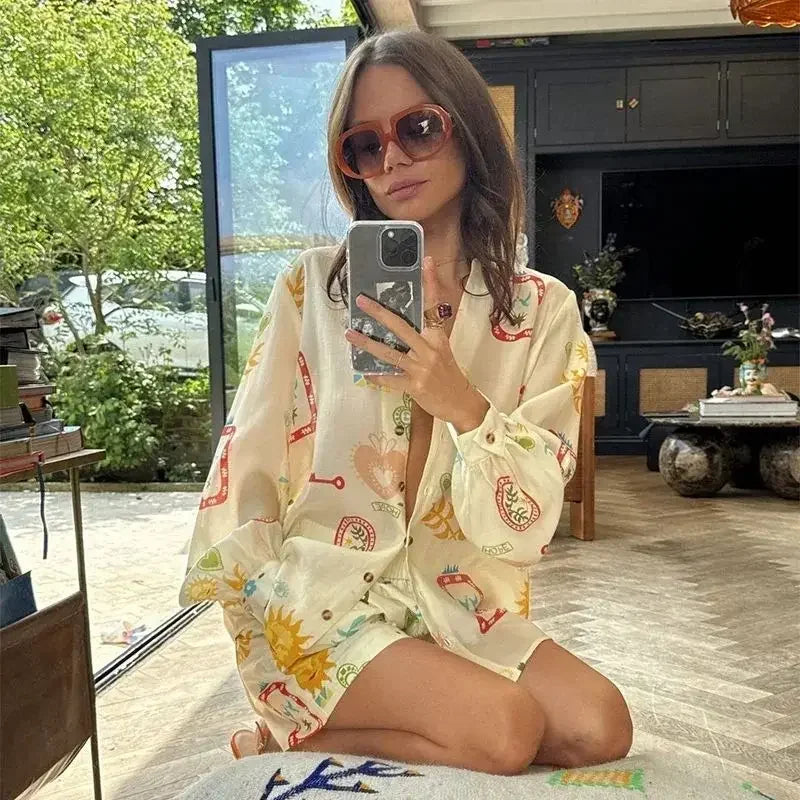 Women Fashion Elastic Waist Two Piece Sets Elegant Floral Print Lapel Long Sleeve Top Short Pants Suit Casual Holiday Outfits Luxlife Brands