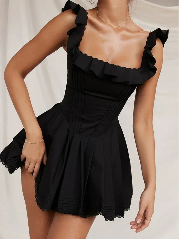 Bella Black Square Neck Pleated Mini Dress LUXLIFE BRANDS