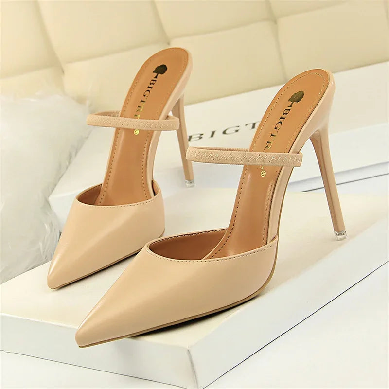 Summer Retro Simple Women Shallow Mouth Thin High Heels Mules Slingbacks Slippers Pointed Toe Hollow Wedding Slip On Pumps Shoes Luxlife Brands