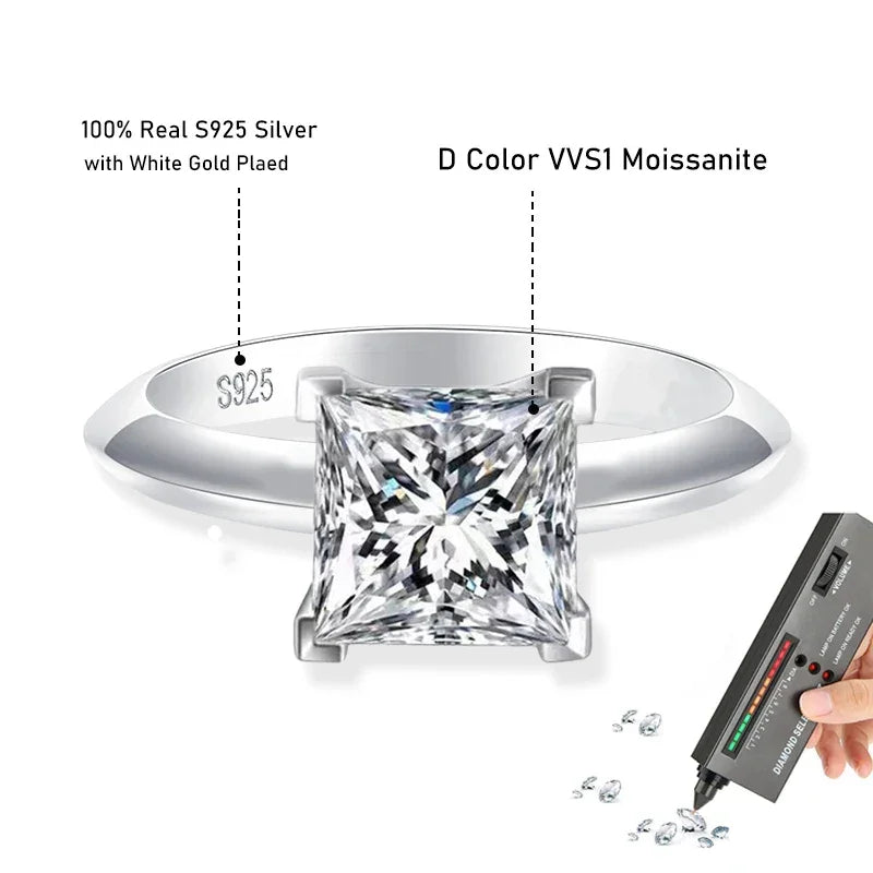 Tezzc 1ct 2ct Princess Cut Moissanite Lab Diamond Ring For Women 925 Sterling Silver Pass Diamond Test Bands Party Wedding Rings