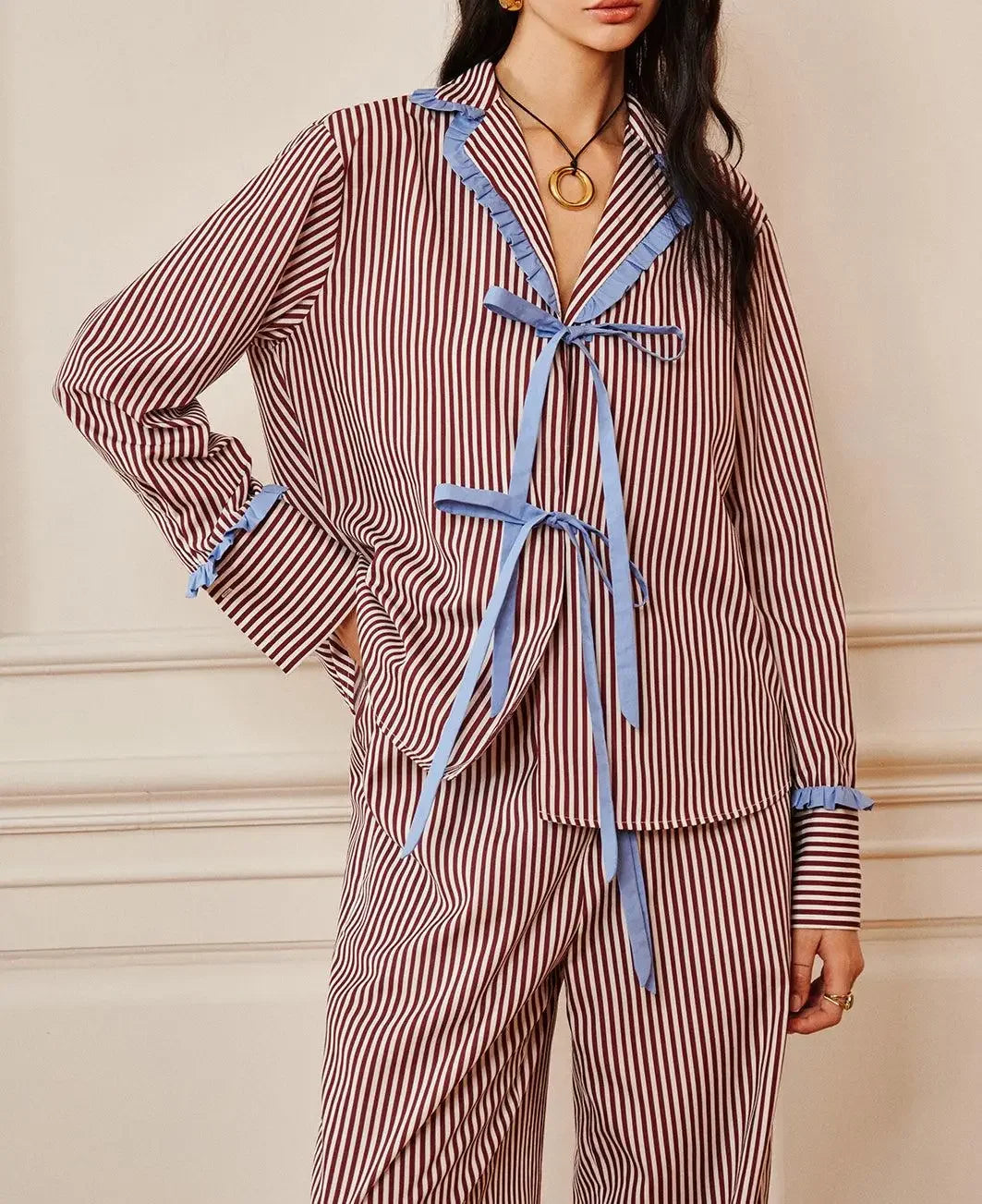Hirigin Valentines Day Bow Tie Pajamas For Women Silk Satin Bow Striped Pjs Long Sleeve Shirt And Ruffle Lounge Pants Sets S M L Luxlife Brands