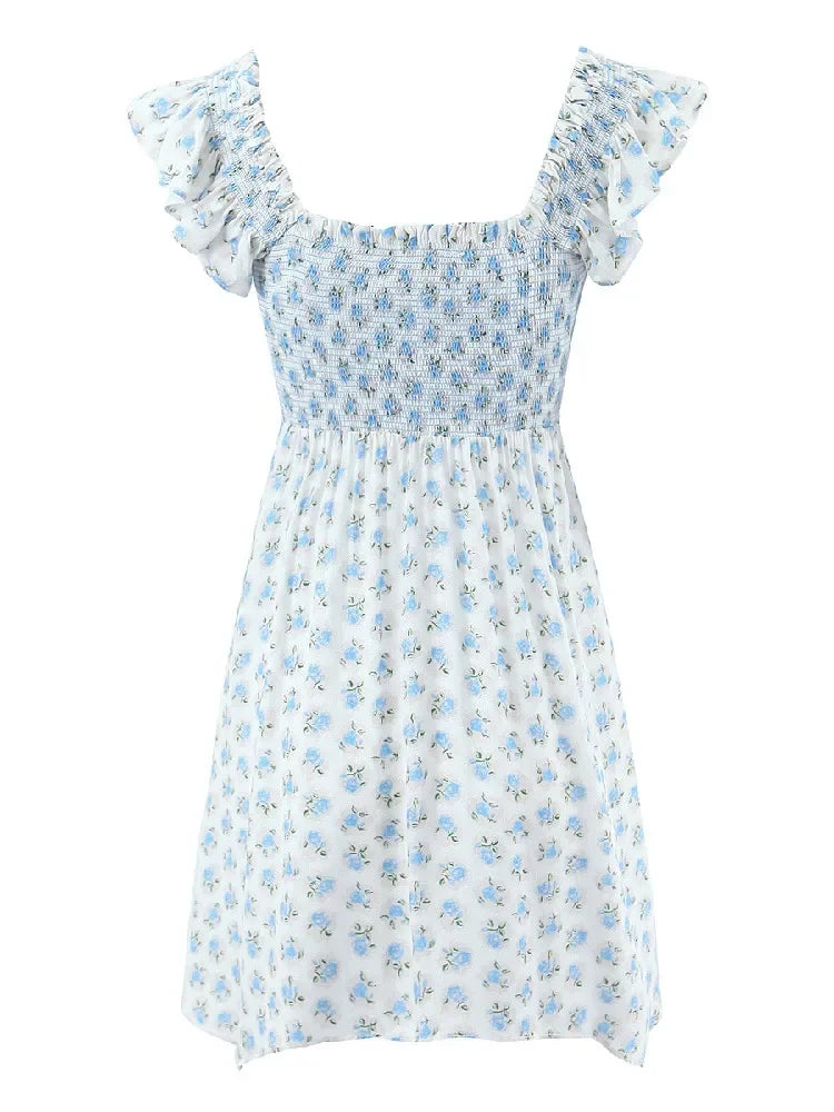 Sexy White Blue Flower Print Ruffle Strap Mini Dress V neck Ruched Elastic Chest Corset Sleeveless Short Tank Robe Holiday Woman Luxlife Brands