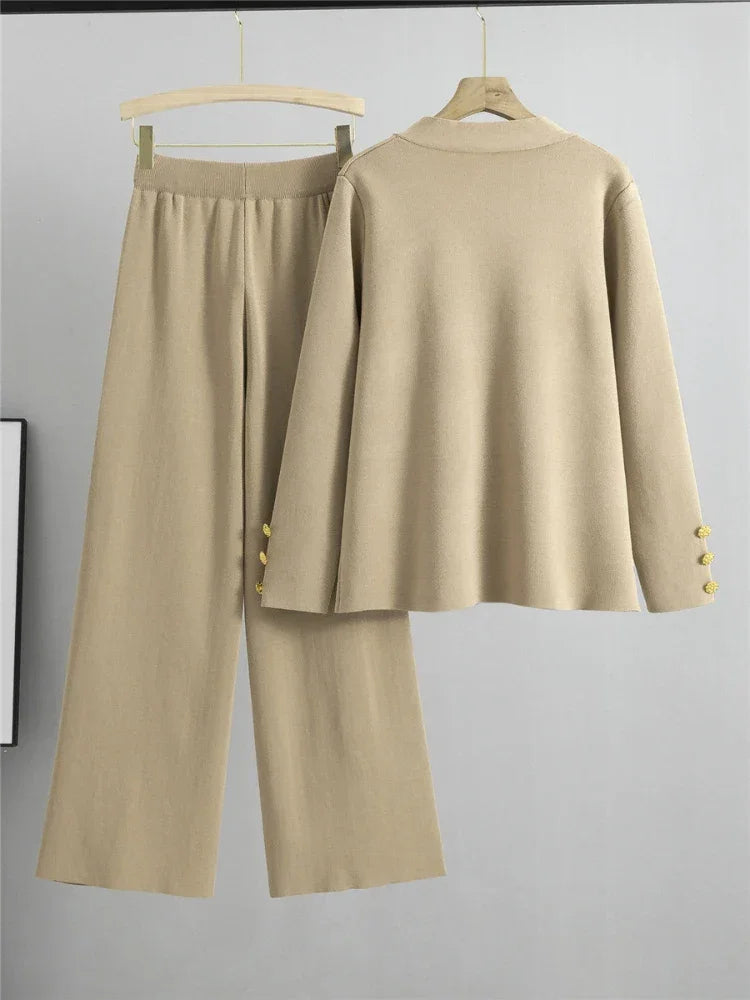 Autumn Winter Women Knit 2 Piece Set New Large Gold Button V-neck Cardigan Coats+High Waist Baggy Wide Leg Pants Sweater Suits Luxlife Brands