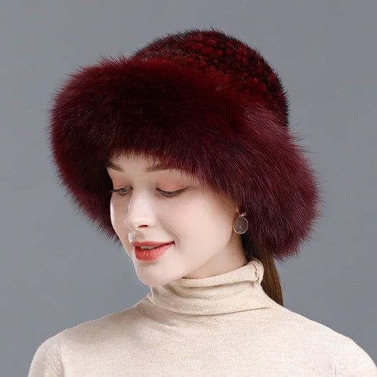 New Genuine Real Natural Knitted Mink Fur Hat Cap Luxury Women Handmade Knit Fashion Winter Headwear Warm Real Fox Fur Beanies LUXLIFE BRANDS