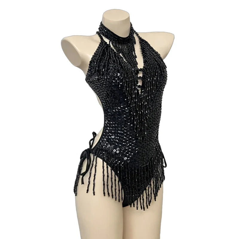 Beaded Sequin Tassel Performance Bodysuit