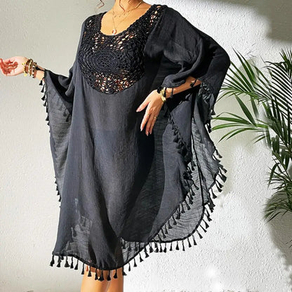 Fringed Bikini Cover Up Comfortable Loose Fit Blouse Stylish Fringed Beach Cover Up Dress for Women O-neck Half Sleeve Swimsuit LUXLIFE BRANDS
