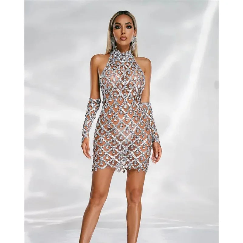 Fashionable Gloves Super Sparkling Diamond sliver Sequins Mini Dress Fashion Woman Evening Party Dress Birthday Party Outfit Luxlife Brands