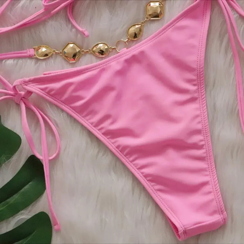 Pink Sexy Bikinis Swimsuit With Rhinestones Women Swimwear Female Push Up Bikini Beach Swim Wear Bathing Suit Pool Bather 2025 Luxlife Brands